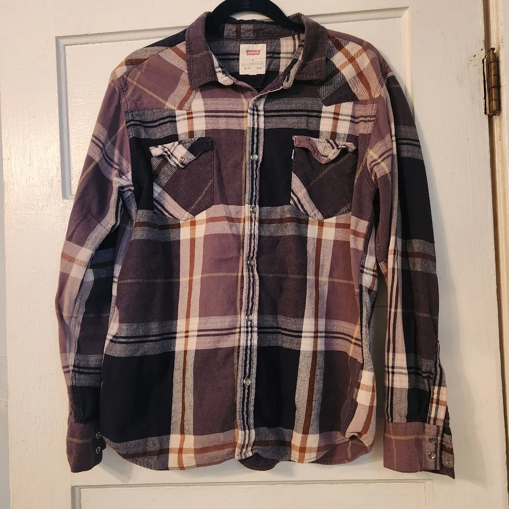 Levi’s Mens Shirt Western Pearl Snap Flannel Black Red Plaid, XL EUC 100% Cotton